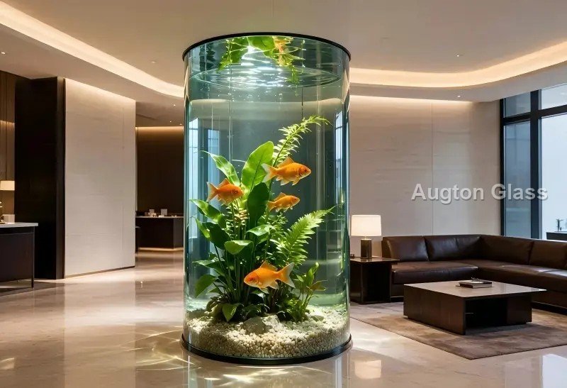 Low-iron tank panels: edge-to-edge clarity is the whole point of the substrate.
