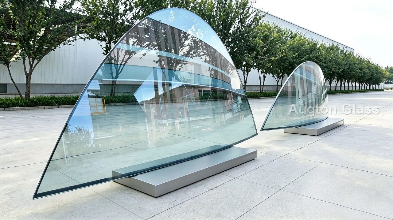 A bent lite in an entrance feature: radius, not flatness, is what the facade sells.