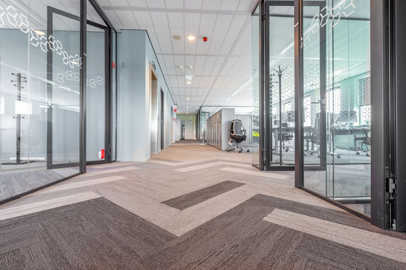 A full-height glass partition corridor: daylight reaches deep into the floor plan.